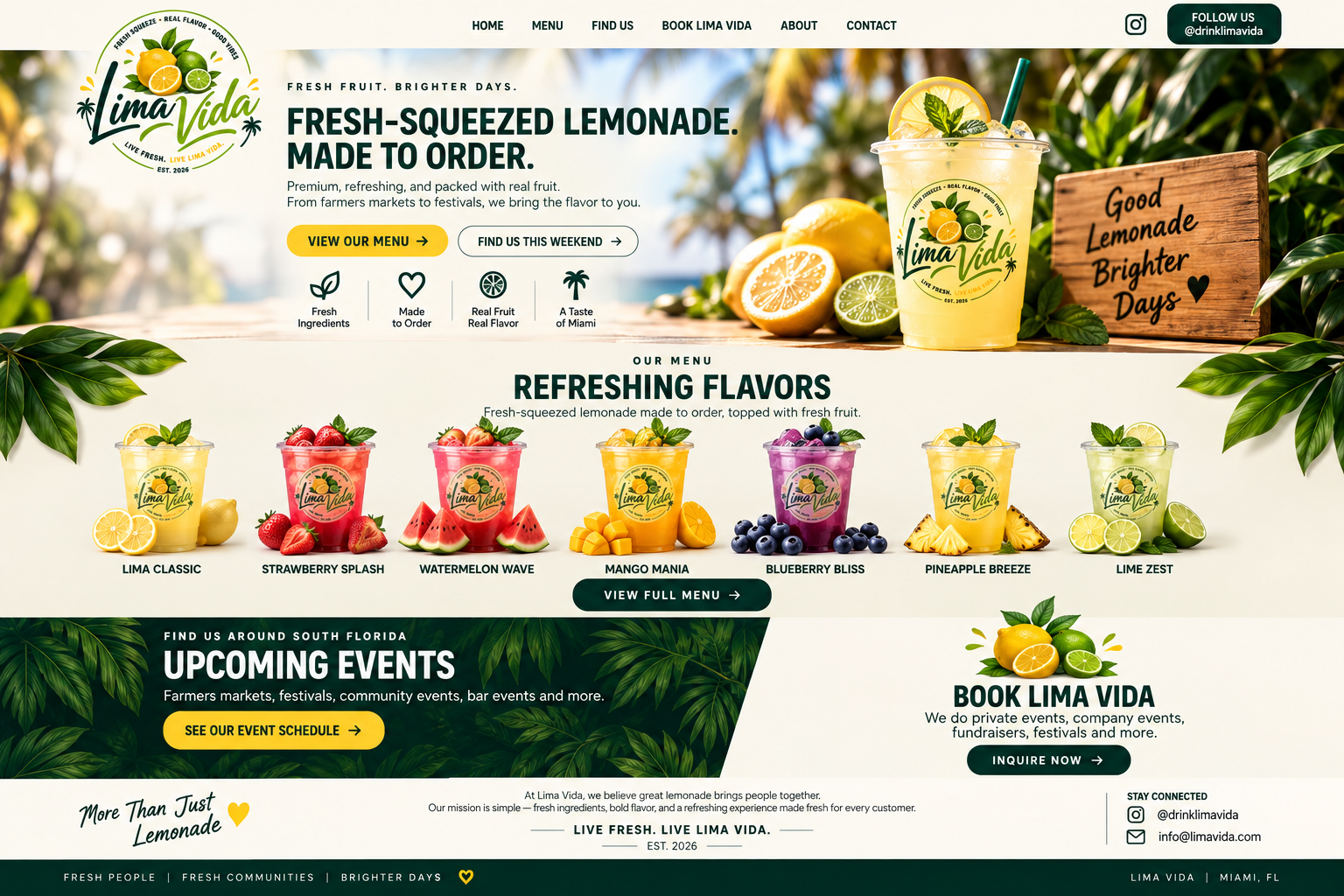 Lima Vida homepage with fresh-squeezed lemonade, seven refreshing flavors, upcoming events and private event booking